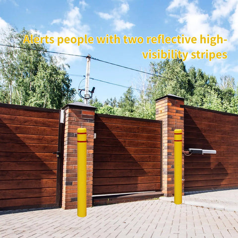 Built Like A Tank Heavy Duty Bollard Covers For Indoor Outdoor Use With Reflective Tape High Visibility Yellow Sleeves waterproof bollards near wooden gate.