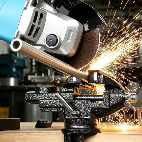 Badass 3.2 Inch Bench Vise With Fully Swiveling 360 Rotation And Grippy Soft Jaws holding metal, sparks from cutting visible.