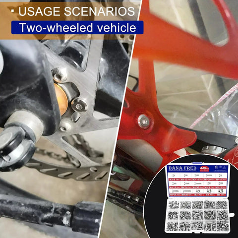 440 Piece Flat Hex Socket Head Cap Screws Kit In 304 Stainless Steel M3 M4 M5 Metric Threads, usage on bike, kit displayed