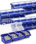 6 Pack Screw Organizer Box With Lid For Garage And Workshop Four Compartments Small Parts Bins filled with screws.