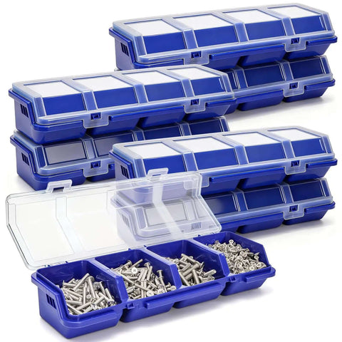 6 Pack Screw Organizer Box With Lid For Garage And Workshop Four Compartments Small Parts Bins filled with screws.