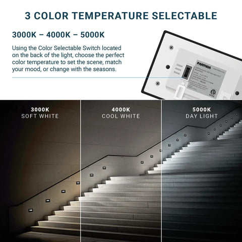 Six Pack Dimmable LED Step Lights For Indoor And Outdoor Stair And Deck Lighting With Three Color Temperature Options 3000K 4000K 5000K Aluminum Housing IP65 ETL Listed Black Finish 2.5W 130LM showing color temperature settings on stairs