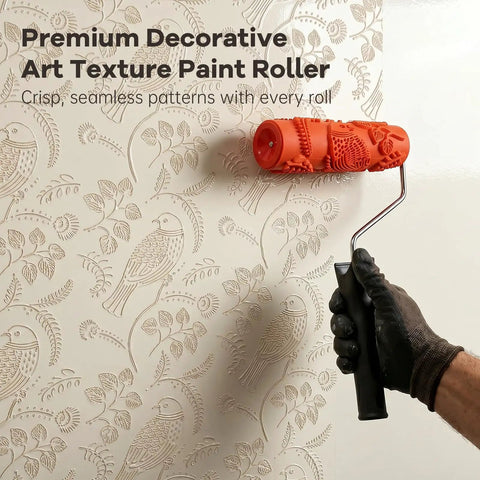 7 Inch Soft Rubber Embossing Paint Roller For Seamless Wall Texturing With Comfort Grip And Reusable Build in use, creating bird pattern texture.