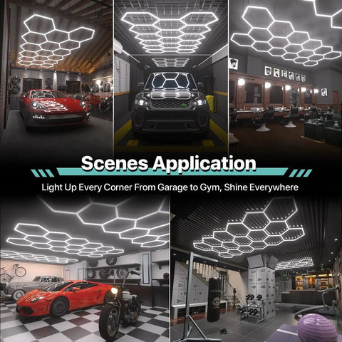 Hexagon LED Lights Power Cable With Switch Exclusively Compatible With Hexagon LED Panels High Capacity DIY Ready For Creative Hexagon Lighting Designs One Cable Powers Up To 62 7W Modules displaying multiple room installations