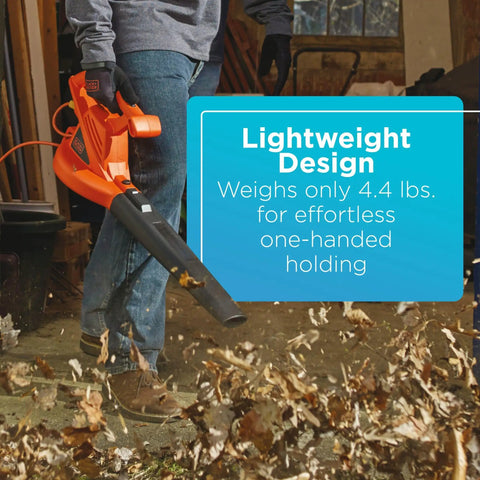 Man using powerful corded electric leaf blower for quick yard cleanup, handheld and lightweight, 7 amp motor clearing leaves