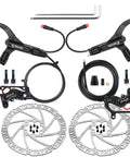 Hycline 4-pistons eBike hydraulic brake set with 180mm rotors; black levers, calipers, hoses and adapters (flat lay).