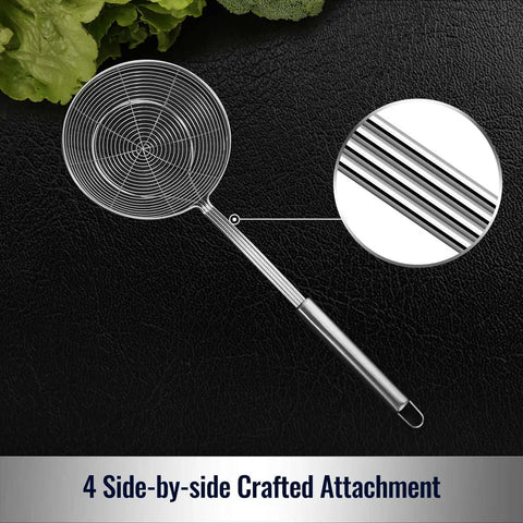 Solid Stainless Steel Spider Strainer Skimmer Ladle For Cooking And Frying with detailed wire attachment view