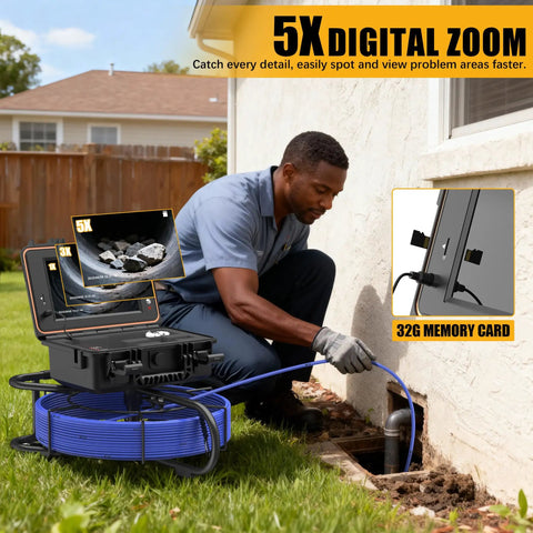 Heavy Duty 165 Ft Self Leveling Sewer Camera With 9 Inch Hd Screen And 1080P Video Recorder for detailed pipe inspection in use.