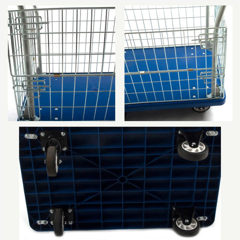 Heavy Duty Platform Truck Cart With Three Sided Steel Fence And 660 Pound Capacity Measures 23 By 35 Inches Featuring Sturdy Polypropylene Deck Paired With Five Inch Wheels That Roll Smooth Through Warehouses And Garages Daily