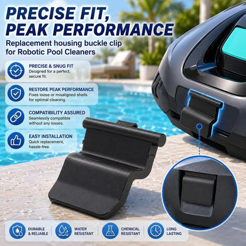 Heavy Duty Replacement Housing Buckle Clips 4 Pack Secure Locking Snap Fasteners For Robotic Pool Cleaners by poolside, showing detailed clip.