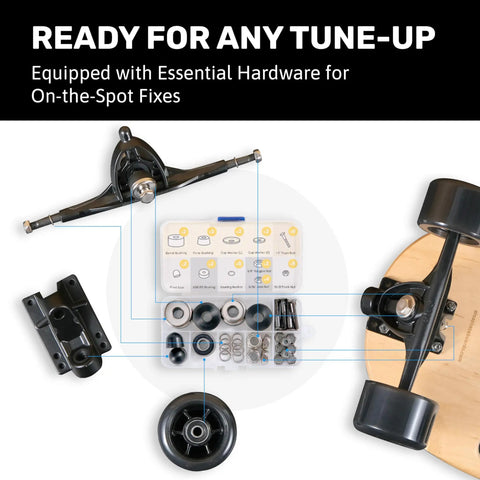 Skateboard Hardware Kit Do It Yourself Upgrade Pack With Truck Hardware 608 Bearings Bushings Nuts And Washers Kingpin Nut Screws And Bolts 42 Piece Replacement Kit For Skaters, black truck parts and wheel set