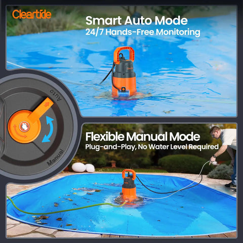 Smart Auto Pool Cover Pump Quarter HP 2160 GPH with auto and manual modes on blue pool cover