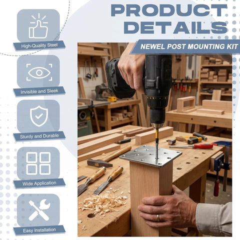 Two Pack Railing Newel Post Mount Kits For 3 To 3.5 Inch Wooden Staircases featuring hidden base plate installation with drill.
