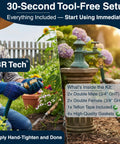 Heavy Duty Garden Hose Connector Set with 3/4 inch GHT brass fittings, tool-free setup in a garden.