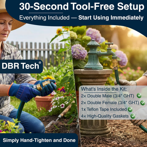 Heavy Duty Garden Hose Connector Set with 3/4 inch GHT brass fittings, tool-free setup in a garden.