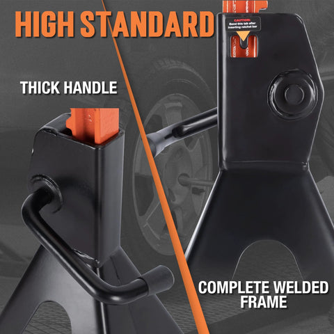 TONDA 3-ton jack stands, black, front and side views; thick handle and welded frame; adjustable 13.39–21.06 in; pair