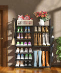 Front view of 7 Tier Metal Shoe Rack Organizer With Side Pockets And Hooks For Entryway Closet Bedroom And Garage, storing shoes