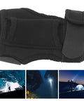Durable black Wrist Flashlight Holster And Adjustable Strap for 25-30mm flashlights shown, suitable for hands free underwater gear use.