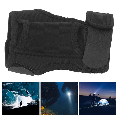 Durable black Wrist Flashlight Holster And Adjustable Strap for 25-30mm flashlights shown, suitable for hands free underwater gear use.