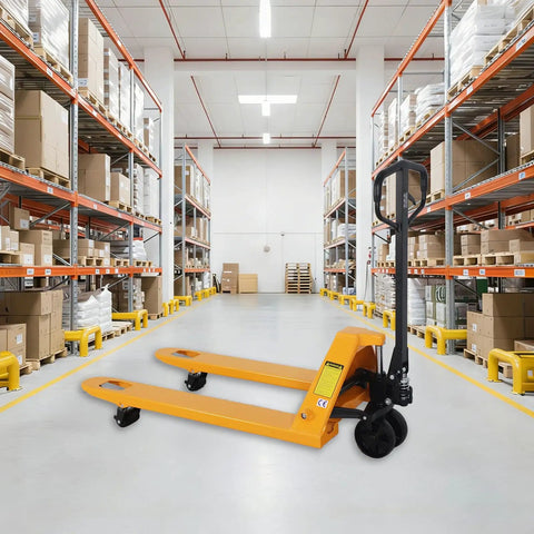 Apollolift Hydraulic Pallet Jack Truck, 5500 Lb Capacity in a warehouse aisle with boxes and storage shelves.