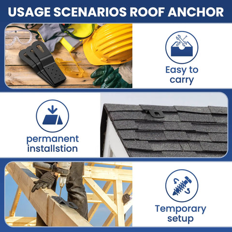 Heavy Duty Permanent Roof Safety Anchor Set For Fall Protection Holds Tight On Wood Or Metal Surfaces With Slick Black Powder Coat showing usage scenarios.