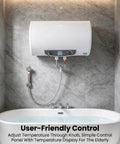 Rock Solid Seventy Liters Electric Tank Water Heater Kick Some Serious Heat With Wall Mount Bracket showing user-friendly controls in bathroom.