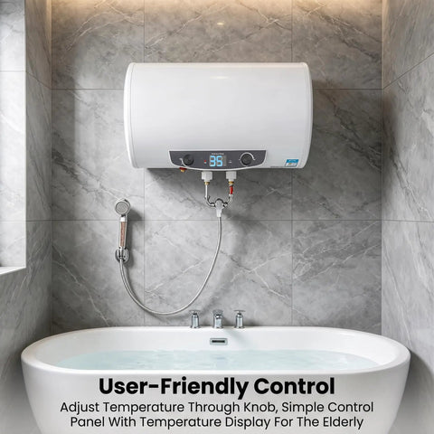 Rock Solid Seventy Liters Electric Tank Water Heater Kick Some Serious Heat With Wall Mount Bracket showing user-friendly controls in bathroom.