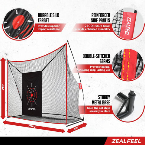 10x7ft Golf Net With Chipping Mat And Silk Target, features reinforced panels, metal base, folds for indoor outdoor use.