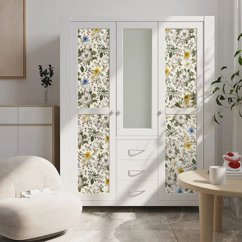 White cabinet with doors covered in Vintage Floral Peel And Stick Wallpaper For Walls And Cabinets Removable Vinyl Peonies In Bedrooms