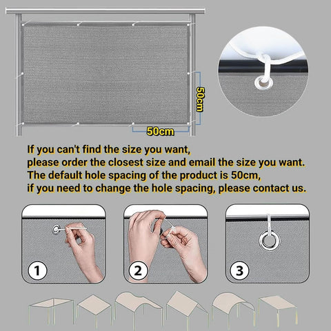 Diagram showing installation of Heavy Duty Shade Sail 11x14 Ft 220 GSM Polyester Waterproof Outdoor Canopy Cover with 50cm hole spacing