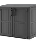 36 Cu Ft Resin Outdoor Storage Shed With Weatherproof Horizontal Cabinet And Dual Lock Doors For Backyard Patio Garage Or Garden Black With Wood Grain Finish To Store Tools Pool Gear Grilling Sets And More