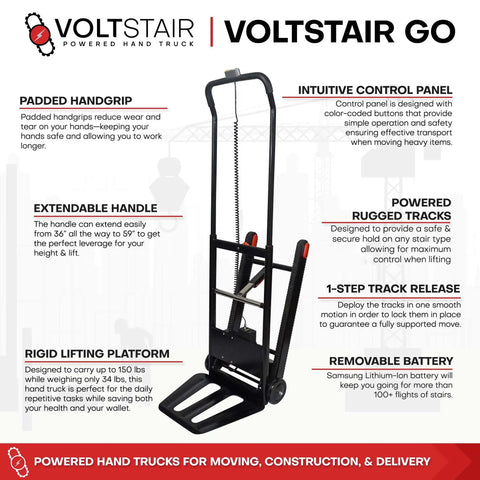 Voltstair Go Portable Electric Stair Climbing Dolly With Removable Battery Black And Red features padded handgrip and extendable handle.