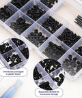 Alloy Steel Socket Hex Set Screw Kit With Cup Point Allen Head Grub Screws, Metric M3 To M8 And SAE One Eighth Inch To Five Sixteenth Inch Threads, 1000 Piece Assortment For Door Knobs Faucets Plumbing And DIY Hardware Installations, organized in plastic storage box.