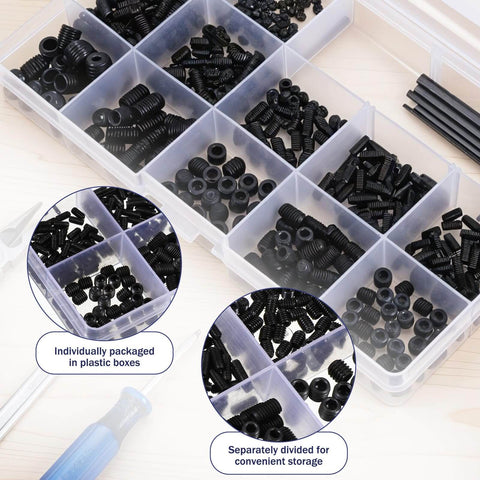 Alloy Steel Socket Hex Set Screw Kit With Cup Point Allen Head Grub Screws, Metric M3 To M8 And SAE One Eighth Inch To Five Sixteenth Inch Threads, 1000 Piece Assortment For Door Knobs Faucets Plumbing And DIY Hardware Installations, organized in plastic storage box.