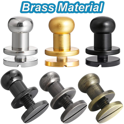 Six Pack Of Solid Brass Ball Stud Rivets For Leather Goods And Bags Hella Durable Metal Buttons For Diy Apparel Mods And Dope Rugged Style Upgrades For All Your Gear in various colors.