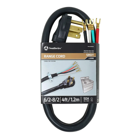 Heavy Duty 50 Amp Range Power Cord With Four Prong Flat Plug, Four Feet, One Quarter Inch Flanged Terminals, packaging view