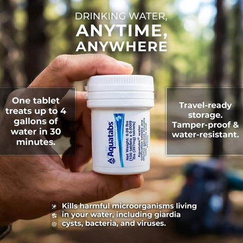 Trailhead Ready Water Purification Tablets 397Mg 100 Count in a hand, portable, tamper-proof, for emergency water purification.