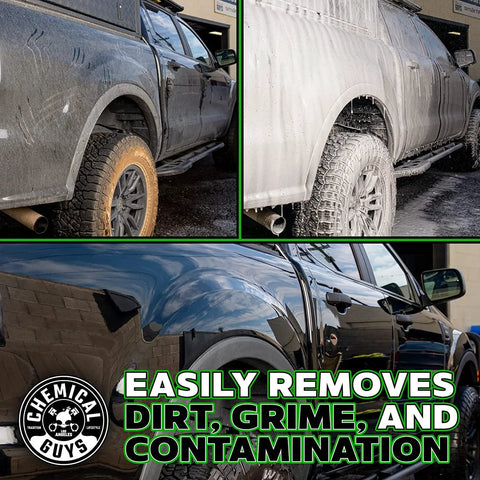 TORQ Max Foam 8 Cannon With Honeydew Snow Foam Soap Kit 1 Gallon Car Wash System For Thick Suds And Scratch Free Washes Perfect For Cars, Trucks, SUVs, And RVs on black pickup, before and after foam wash