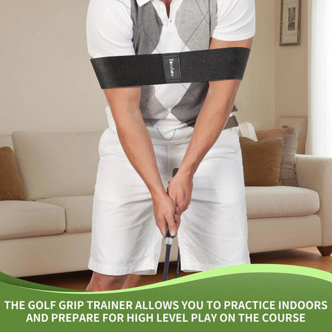Man using 2 In 1 Golf Grip Trainer And Swing Stabilizer With Arm Band For Correct Grip And Arm Positioning Fixes Grip Posture And Locks Elbow For Consistent Shots Pro Level Golf Accessory For Men And Women indoors