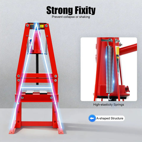 Top Rated Badass 6 Ton Adjustable Hydraulic A Frame Press Heavy Duty Carbon Steel Bench Jig shown with strong A-shaped structure and spring.