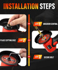 Installation steps for Brushless Cordless Angle Grinder Kit 800W with LED Display, showing unscrewing and securing cutting disc bolt