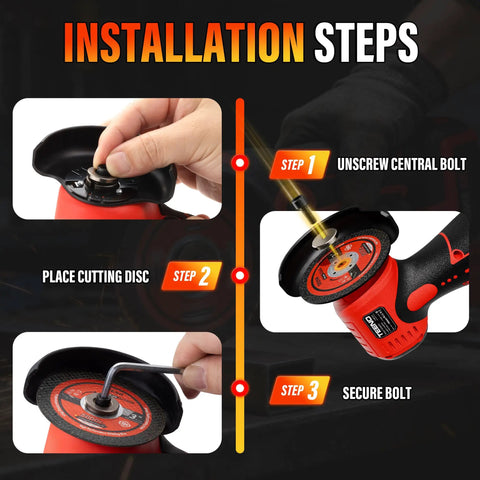 Installation steps for Brushless Cordless Angle Grinder Kit 800W with LED Display, showing unscrewing and securing cutting disc bolt