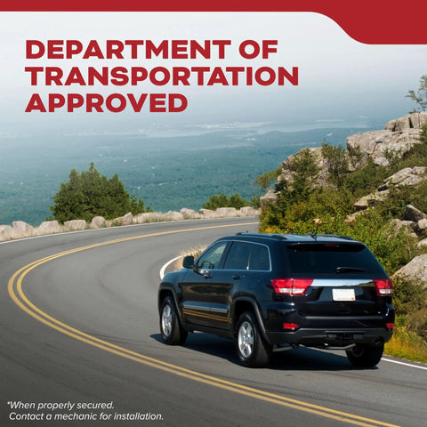 Black SUV on a winding mountain road, highlighting the use of Vehicle Fire Extinguisher 5BC For Cars And Trucks All Metal Construction