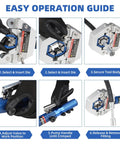 Easy operation guide for the 8 Ton Hydraulic Hose Crimping Kit with Quick-Lock Dies showing step-by-step crimping process.