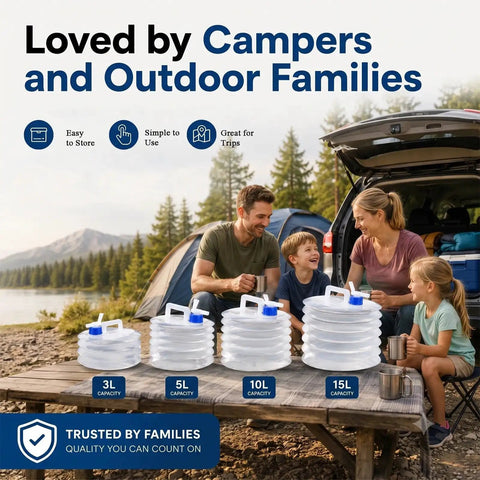 Family enjoying camping with Foldable Water Storage Container With Spigot For Camping And Outdoor Adventures, 10L