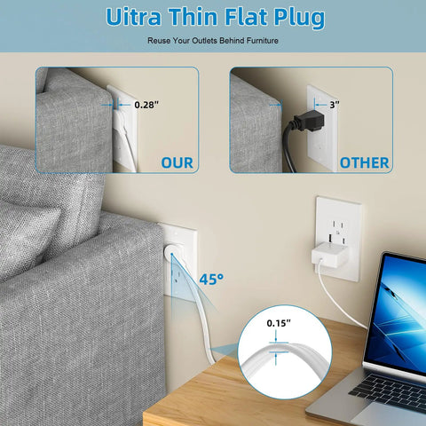 In-Wall Cable Management Kit With Recessed Outlet Box For Wall Mounted TV showing ultra-thin plug behind sofa and desk