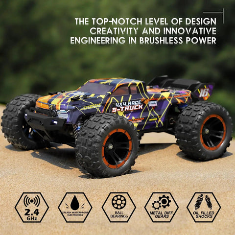 Brushless Monster RC Truck 1/16 Scale 4x4 All Terrain Off Road Racer with paddle tires on sandy terrain