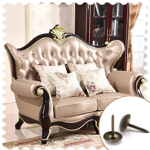 Knockout Bronze Upholstery Tacks For Couch Repairs And DIY Crafts, Dead Nuts Solid Thumb Pins In 11X16Mm Cut, displayed with elegant sofa.