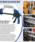18 Inch Hydraulic Quick Connect Hand Clamp Tool Set With 6 NPT Dual Jaw Configurations And Storage Bag For Hydraulic Pipe Clamps And Flat Face Quick Couplers Fits Excavators Loaders Cranes And More Workhorse Pro Grade shown with hydraulic equipment connections.