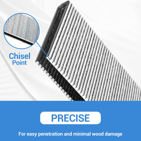 Close-up of 18 Gauge One Quarter Inch Narrow Crown Staples One Inch Length Heavy Duty Galvanized with chisel point feature.